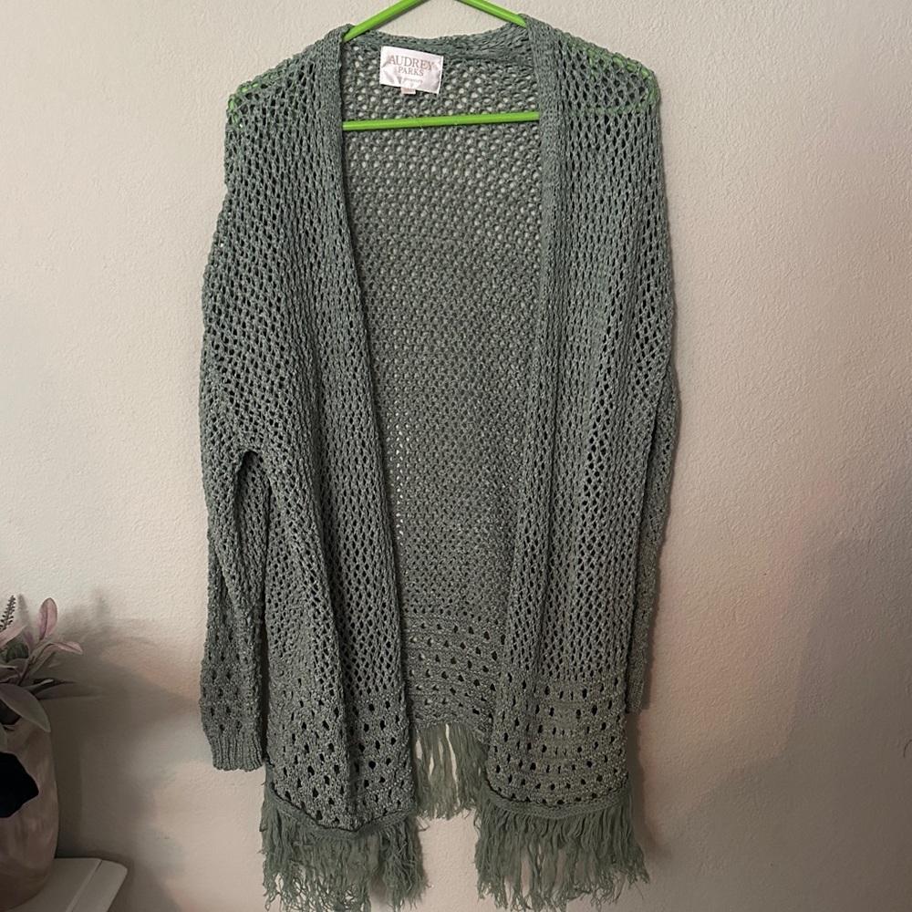 Francesca's Collections Green Open Knit Cardigan with Fringe